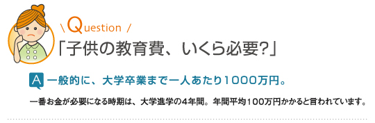 子供の教育費は一般的に大学卒業まで一人当たり1000万円ほど。